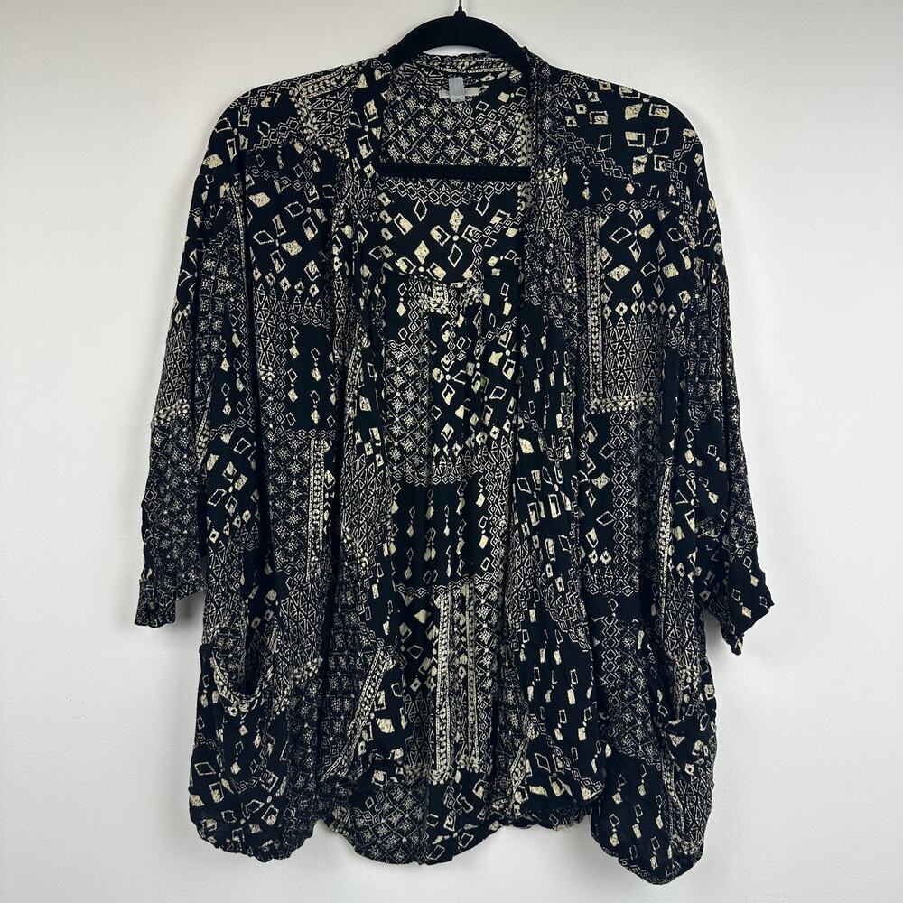 Ecote Womens 3/4 Sleeve 100% Rayon Ethnic Tribal Open Front Black Blouse Small